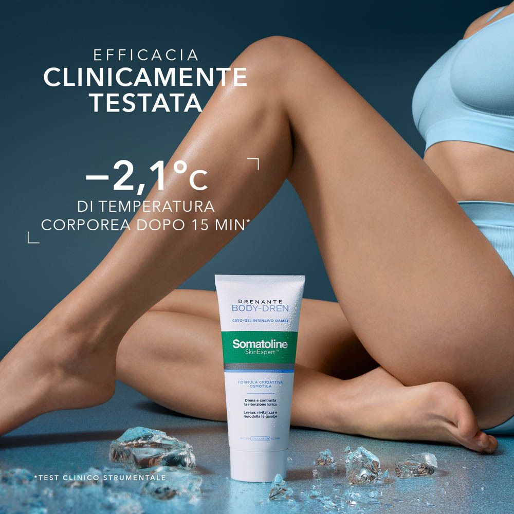 Frau mit langen Beinen, die eine Tube Somatoline SkinExpert Body-Dren hält.