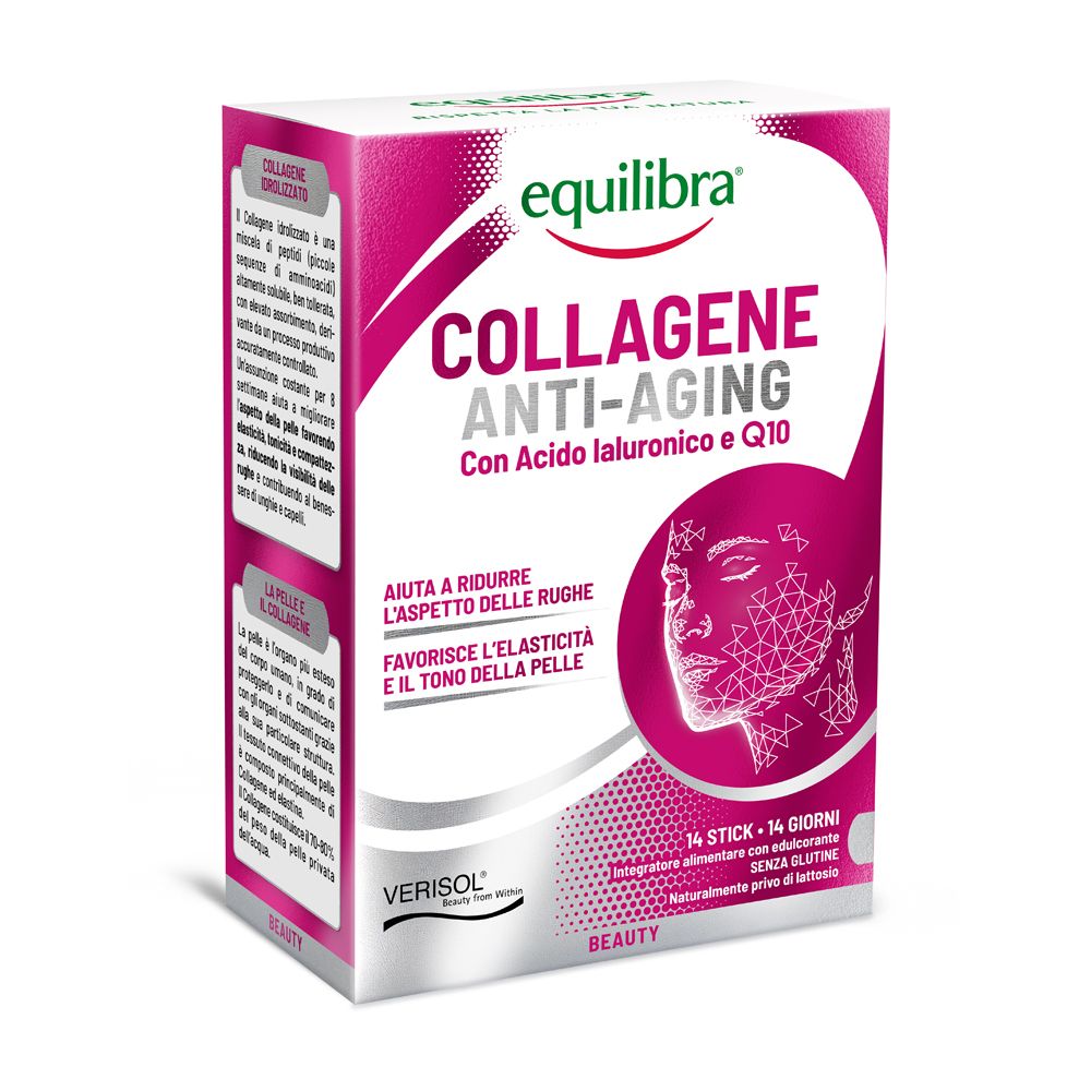 Confezione Equilibra Collagene Anti-Aging. Scatola rosa e bianca con nome e logo. Contiene 14 stick.