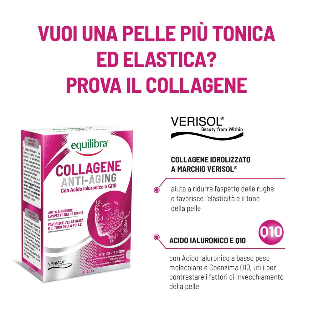 Pubblicità Equilibra Collagene Anti-Aging. Testo e immagine del prodotto. Informazioni su ingredienti e benefici.
