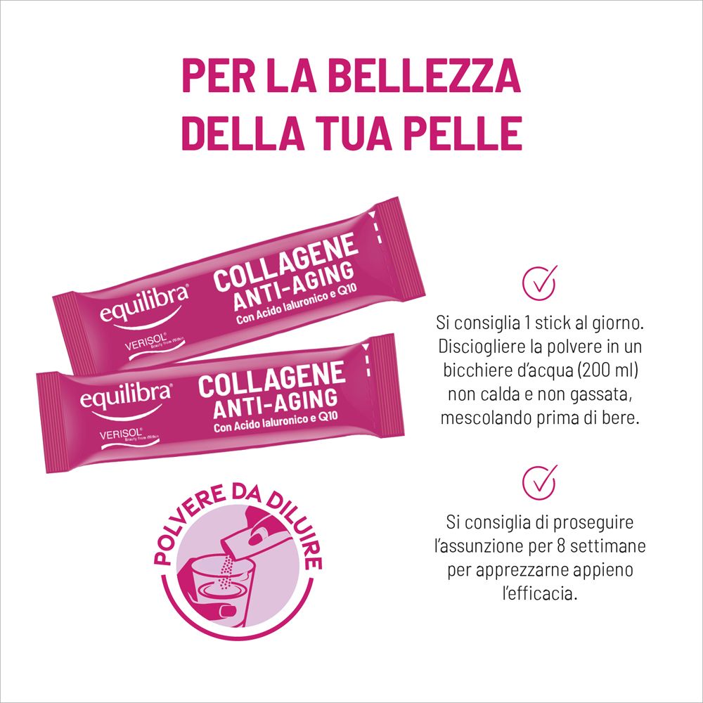 Due stick rosa Equilibra Collagene Anti-Aging. Testo: 'Polvere da diluire'. Istruzioni per l'uso.