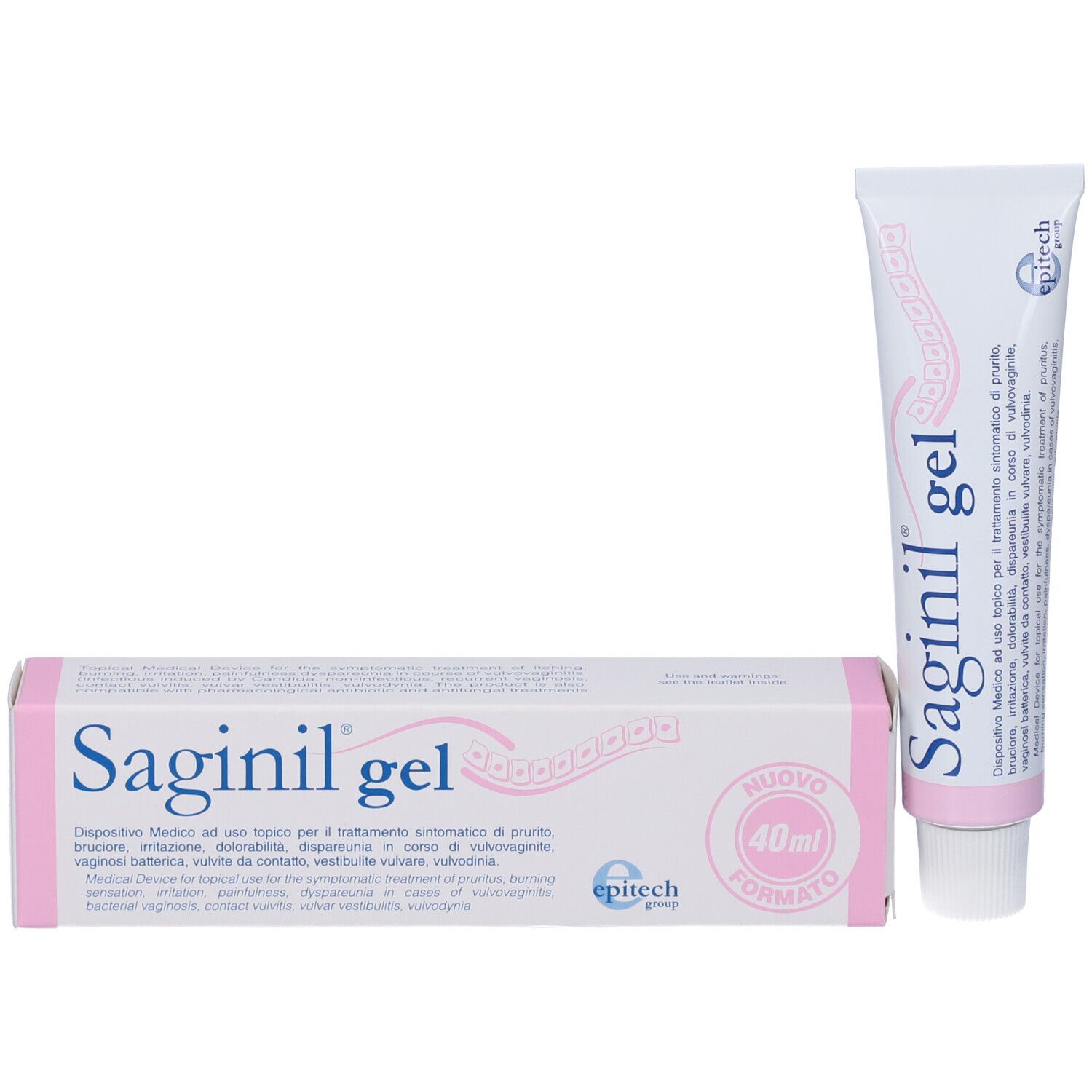 Produktverpackung und Tube. Verpackung mit "Saginil gel"-Schriftzug und 40ml. Neues Format.