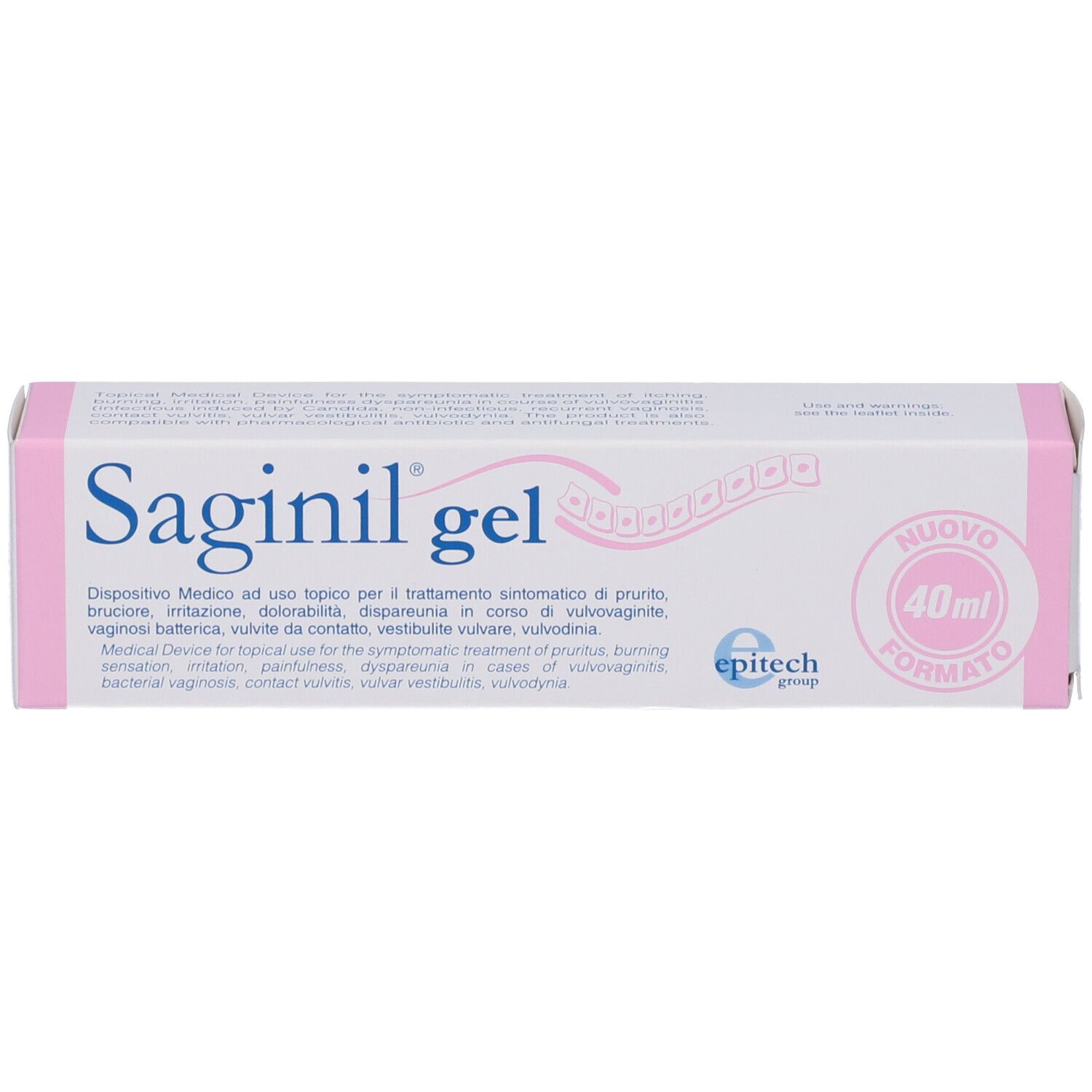 Produktverpackung mit "Saginil gel"-Schriftzug und 40ml. Rosa und weißes Design. Neues Format.