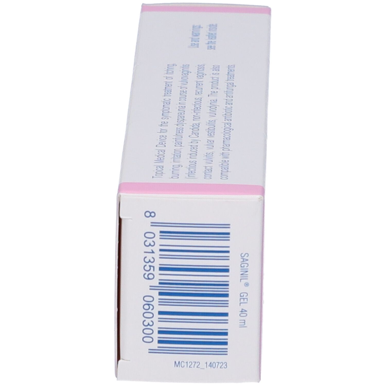 Seitenansicht der Verpackung. Barcode und Produktinformationen. "Saginil gel" und 40 ml.