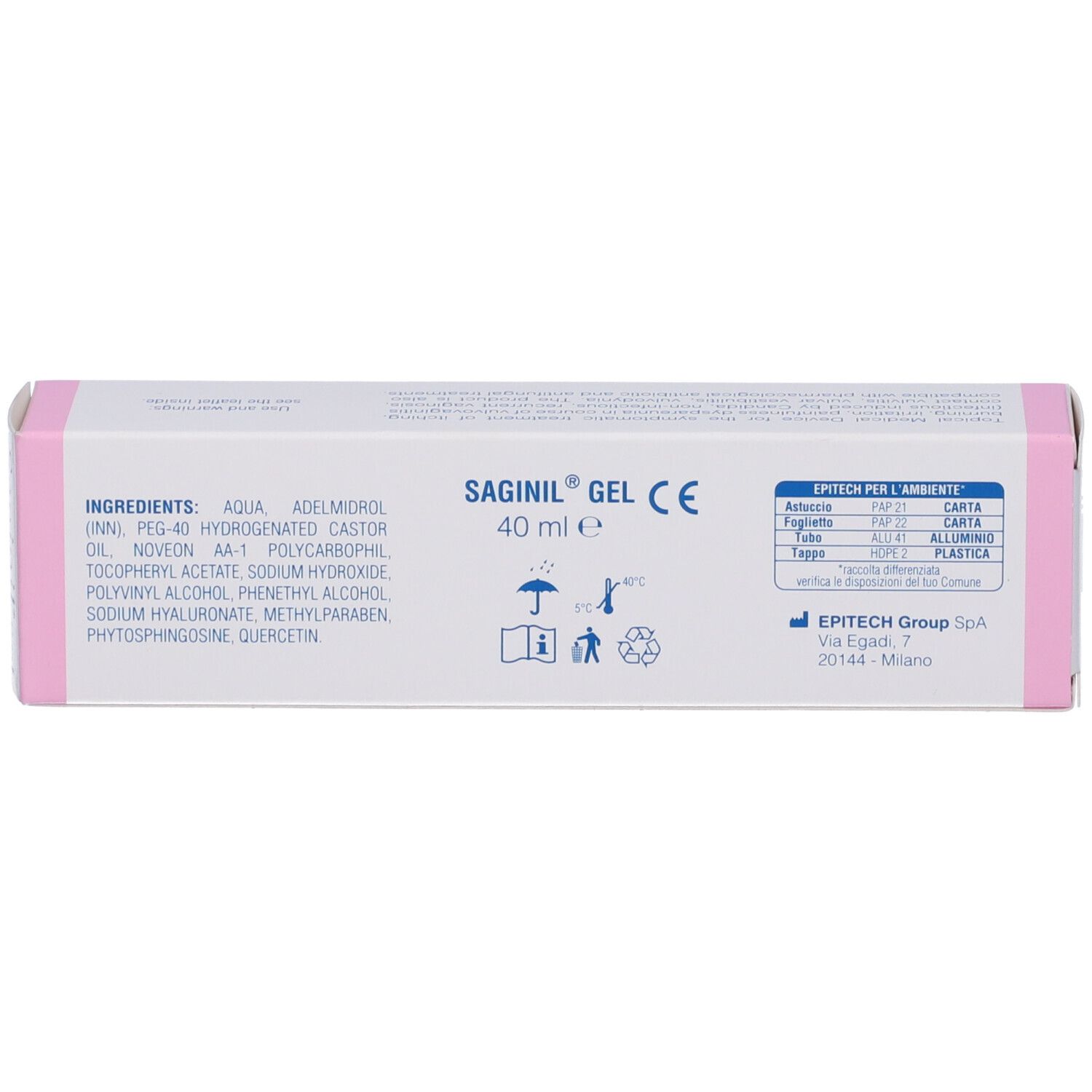 Rückseite der Verpackung. Enthält Inhaltsstoffe, Symbole und Herstellerinformationen. "Saginil gel".