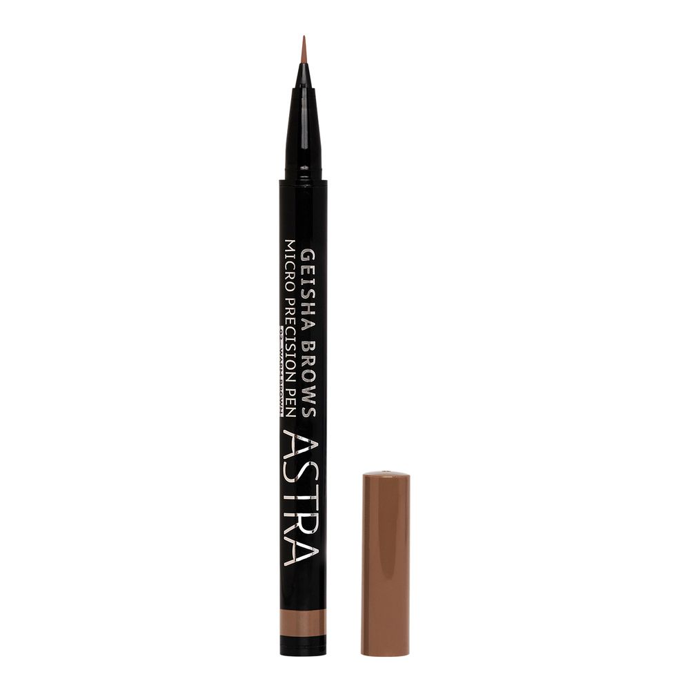 Penna per sopracciglia con cappuccio aperto. Penna nera con punta marrone e scritta Geisha Brows, Micro Precision Pen, ASTRA.