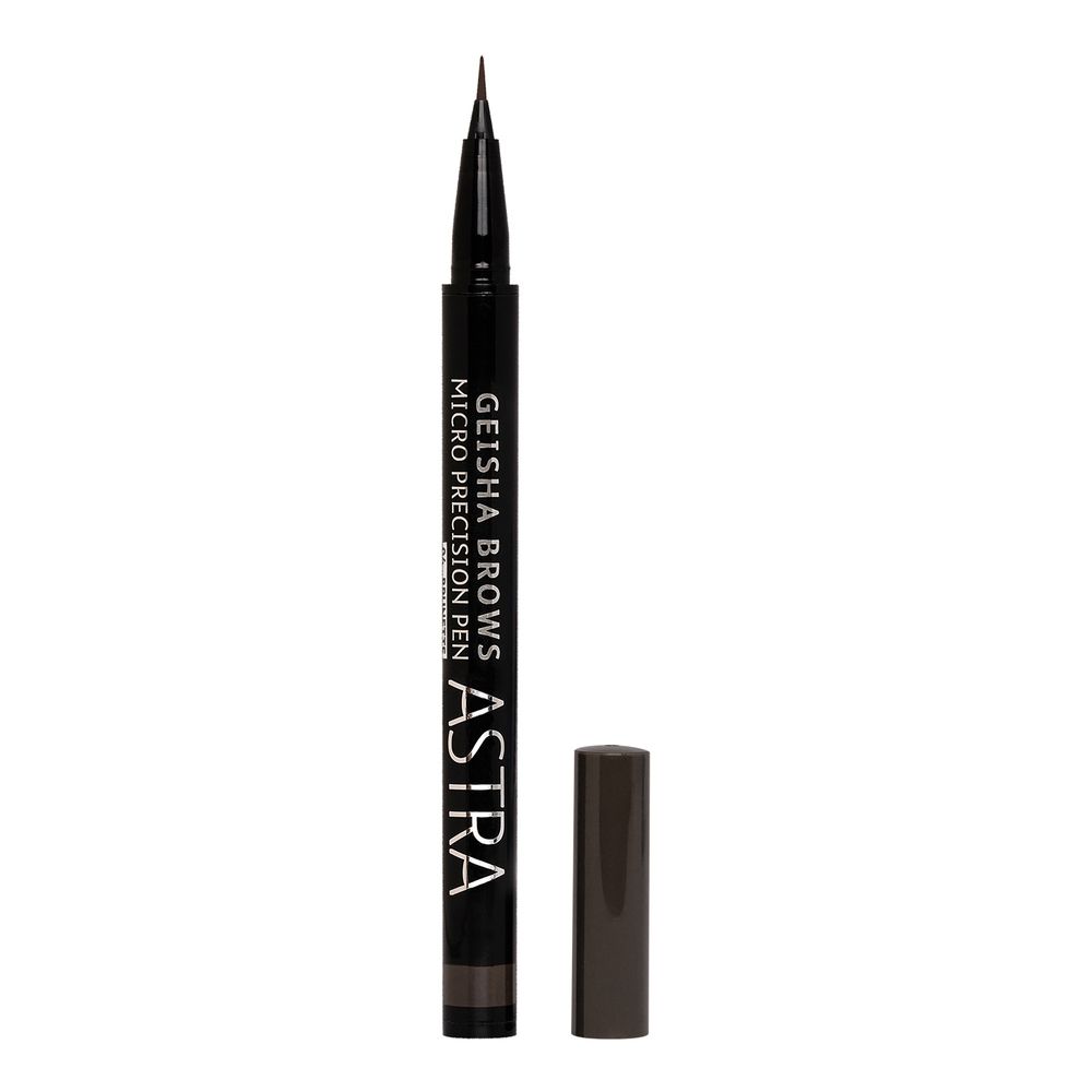 Matita per sopracciglia nera con cappuccio. Scritta: Geisha Brows, Micro Precision Pen, ASTRA.