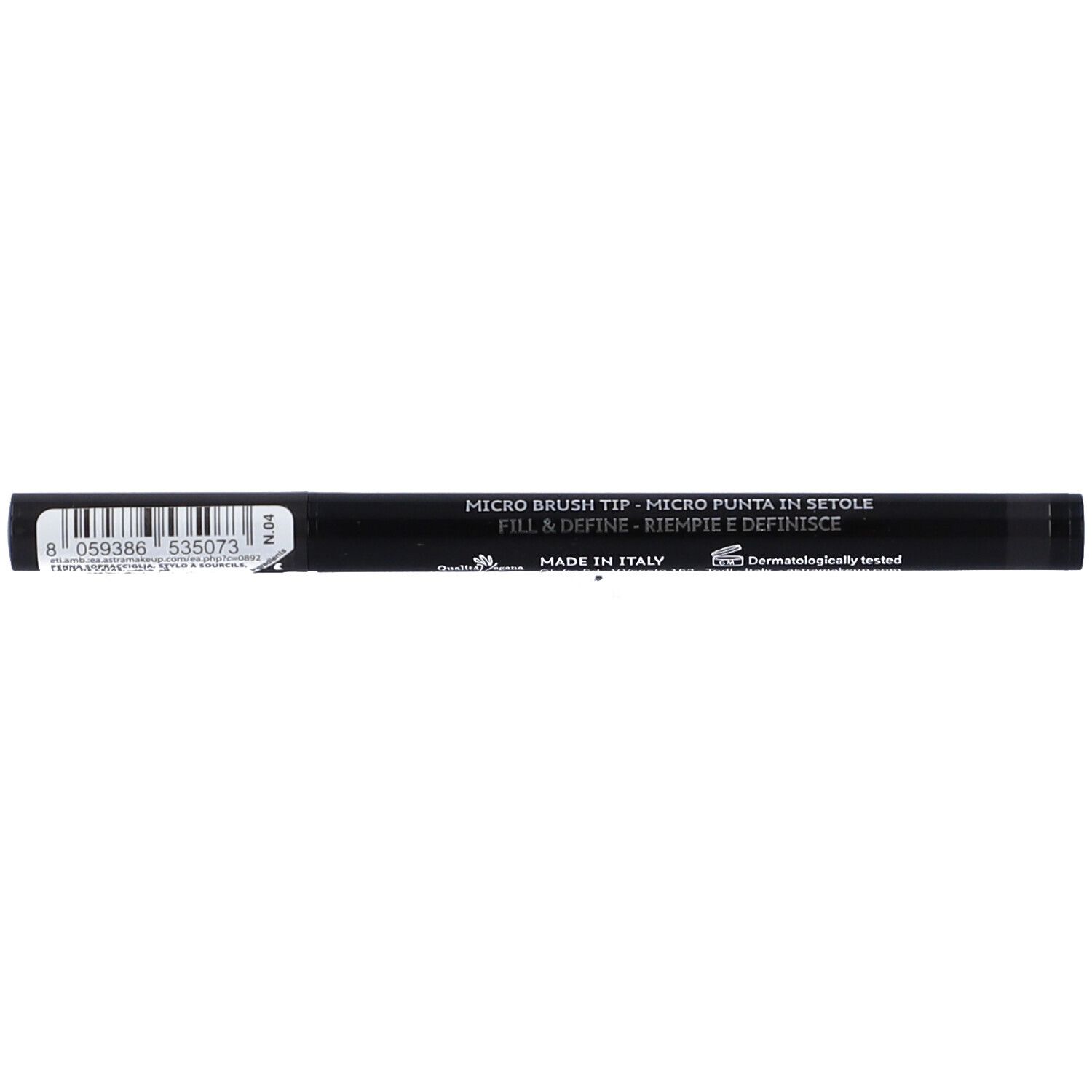 Retro di una matita per sopracciglia nera. Scritta: Micro Brush Tip, Made in Italy.