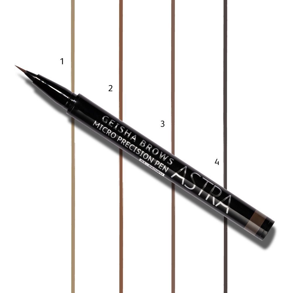 Matita per sopracciglia con quattro tonalità. Scritta: Geisha Brows, Micro Precision Pen, ASTRA.