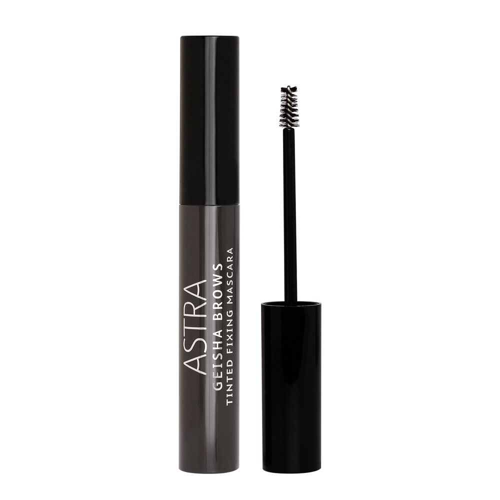 Mascara per sopracciglia. Tubo nero con spazzola. Testo: ASTRA Geisha Brows Tinted Fixing Mascara.