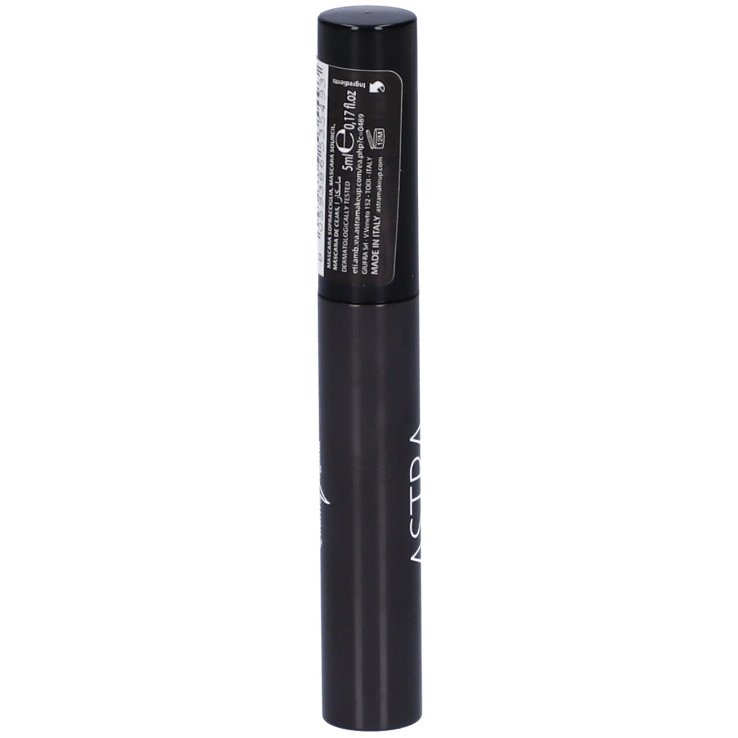 Tubo di mascara nero. Testo: ASTRA Geisha Brows Tinted Fixing Mascara. Adesivo con testo.