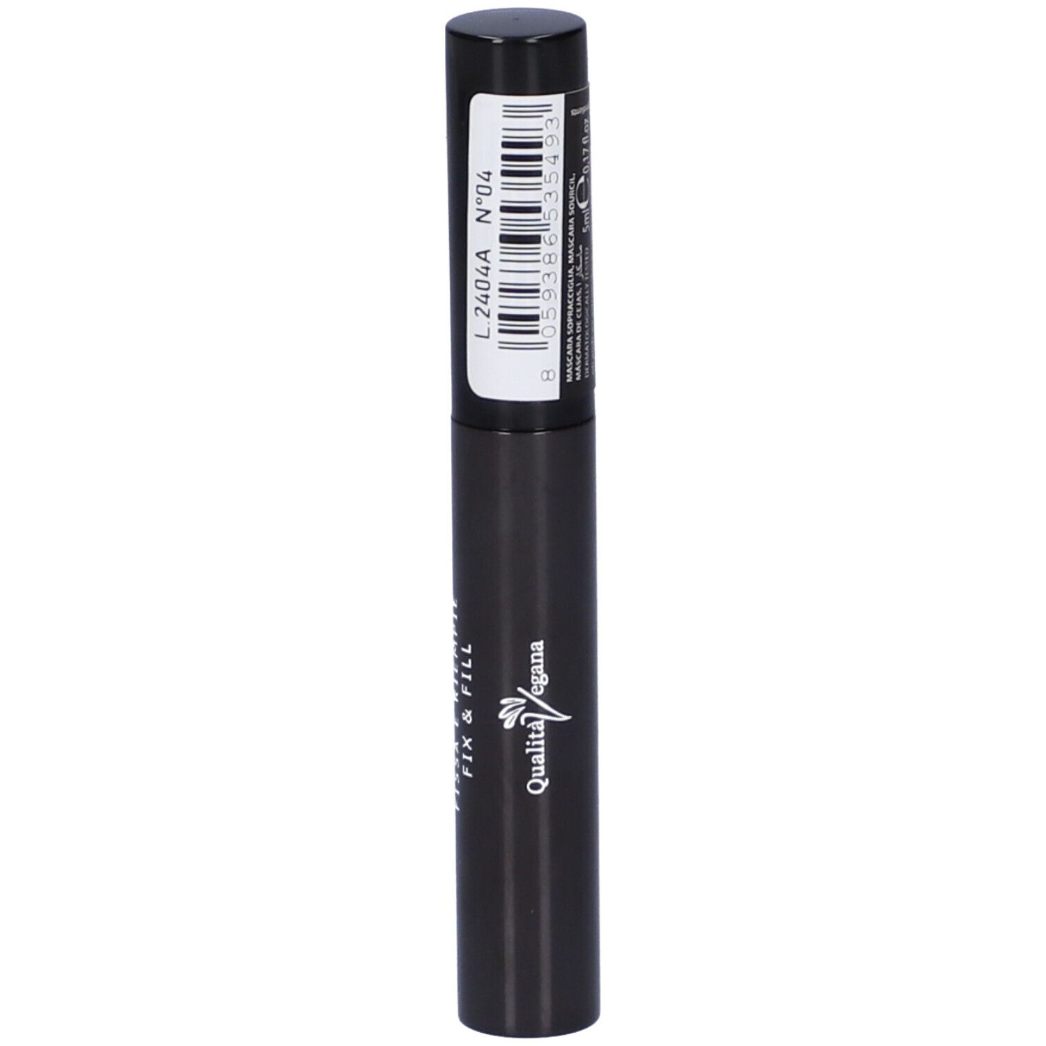 Tubo di mascara nero. Testo: ASTRA Geisha Brows Tinted Fixing Mascara. Adesivo con testo e numero 04.