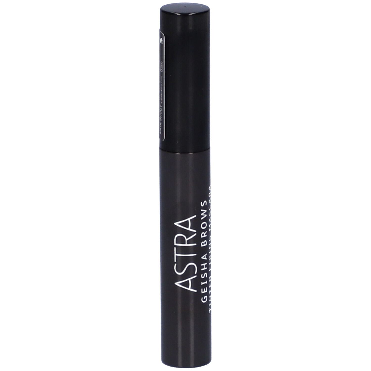 Tubo di mascara nero. Testo: ASTRA Geisha Brows Tinted Fixing Mascara.