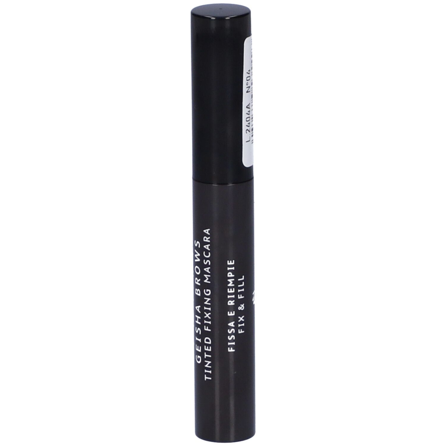 Tubo di mascara nero. Testo: ASTRA Geisha Brows Tinted Fixing Mascara. Testo: Fissa e Riempi.