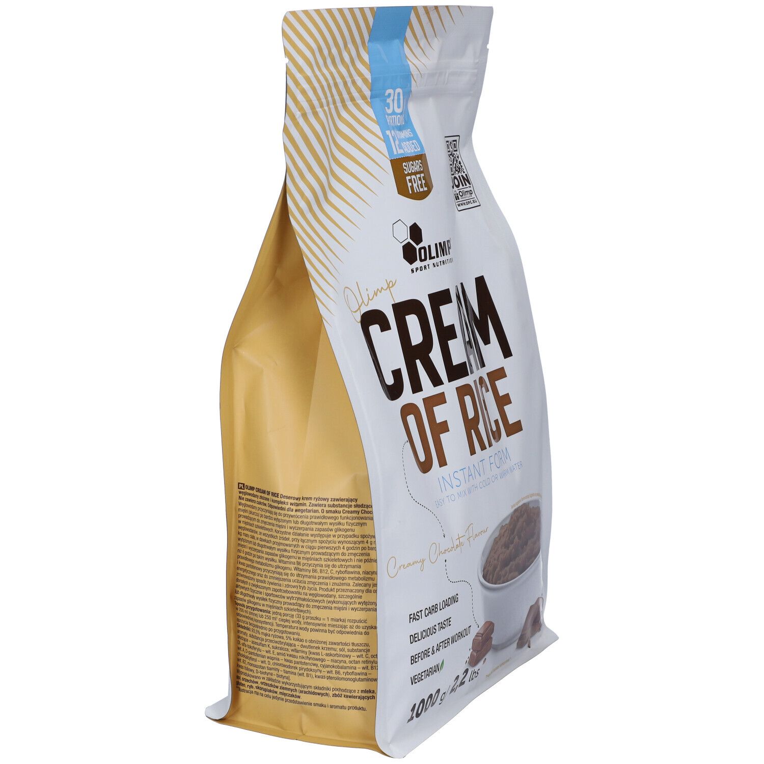 Olimp Cream of Rice Instant Form Beutel, 1000g. Rückseite mit Nährwertangaben und Produktinformationen.