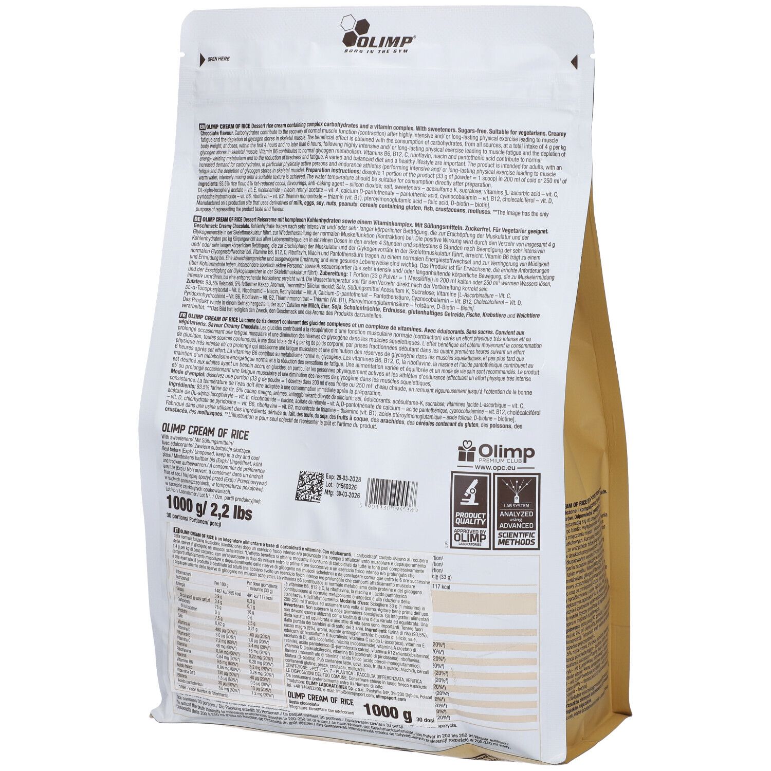 Olimp Cream of Rice Instant Form Beutel, 1000g. Rückseite mit Nährwertangaben und Produktinformationen.