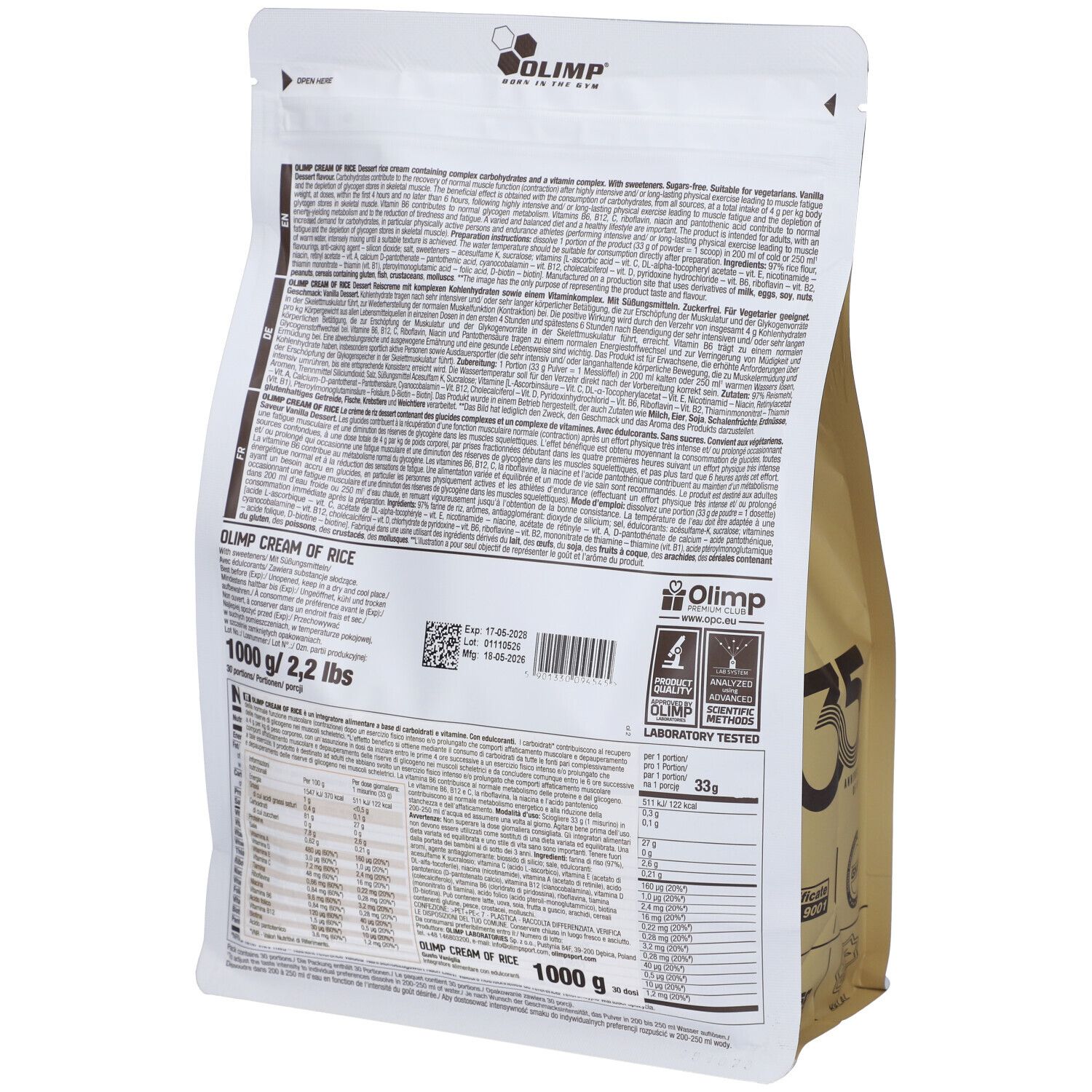 Rückseite Olimp Cream of Rice Beutel, 1000g. Nährwertangaben und Inhaltsstoffe auf Deutsch.