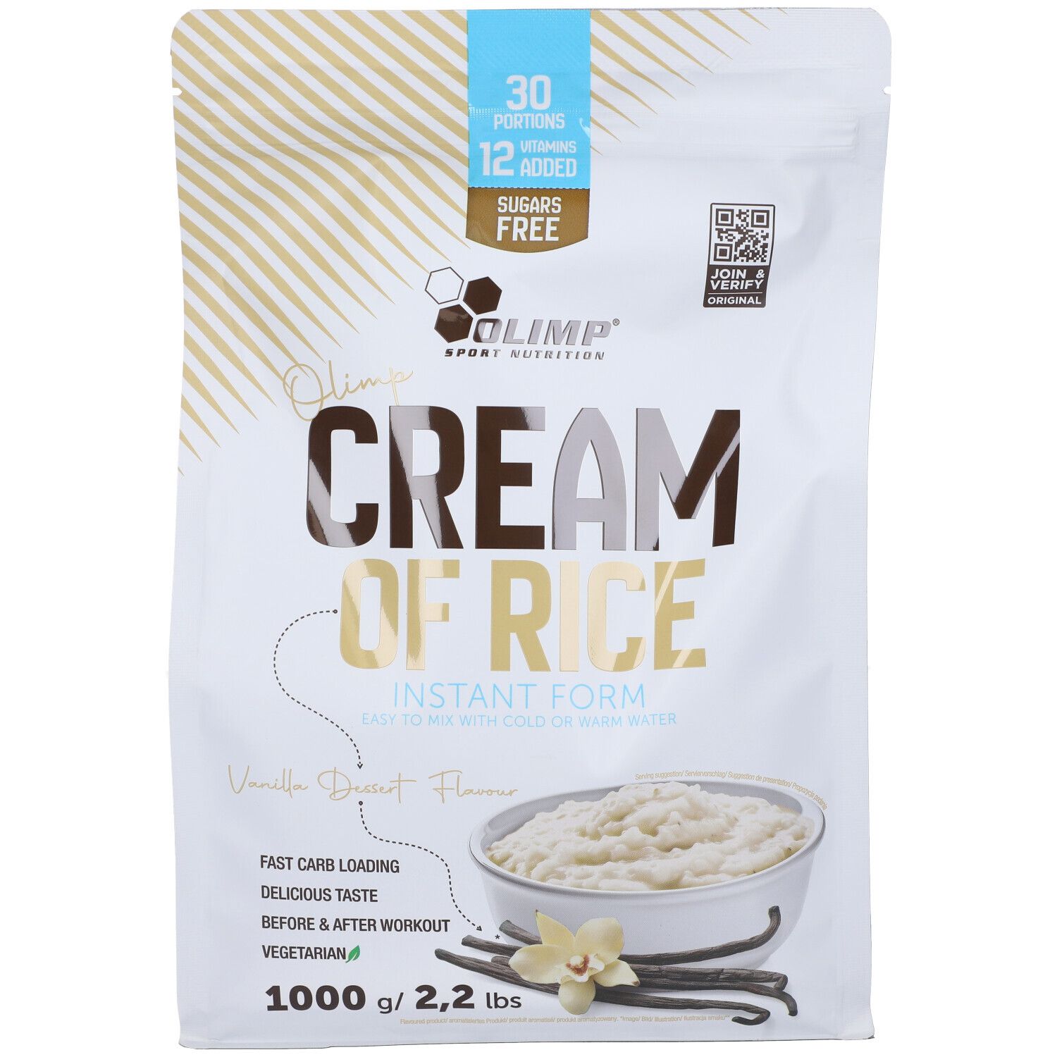 Olimp Cream of Rice Beutel, 1000g, Vanille Dessert Geschmack. Einfach mit kaltem oder warmem Wasser mischen.