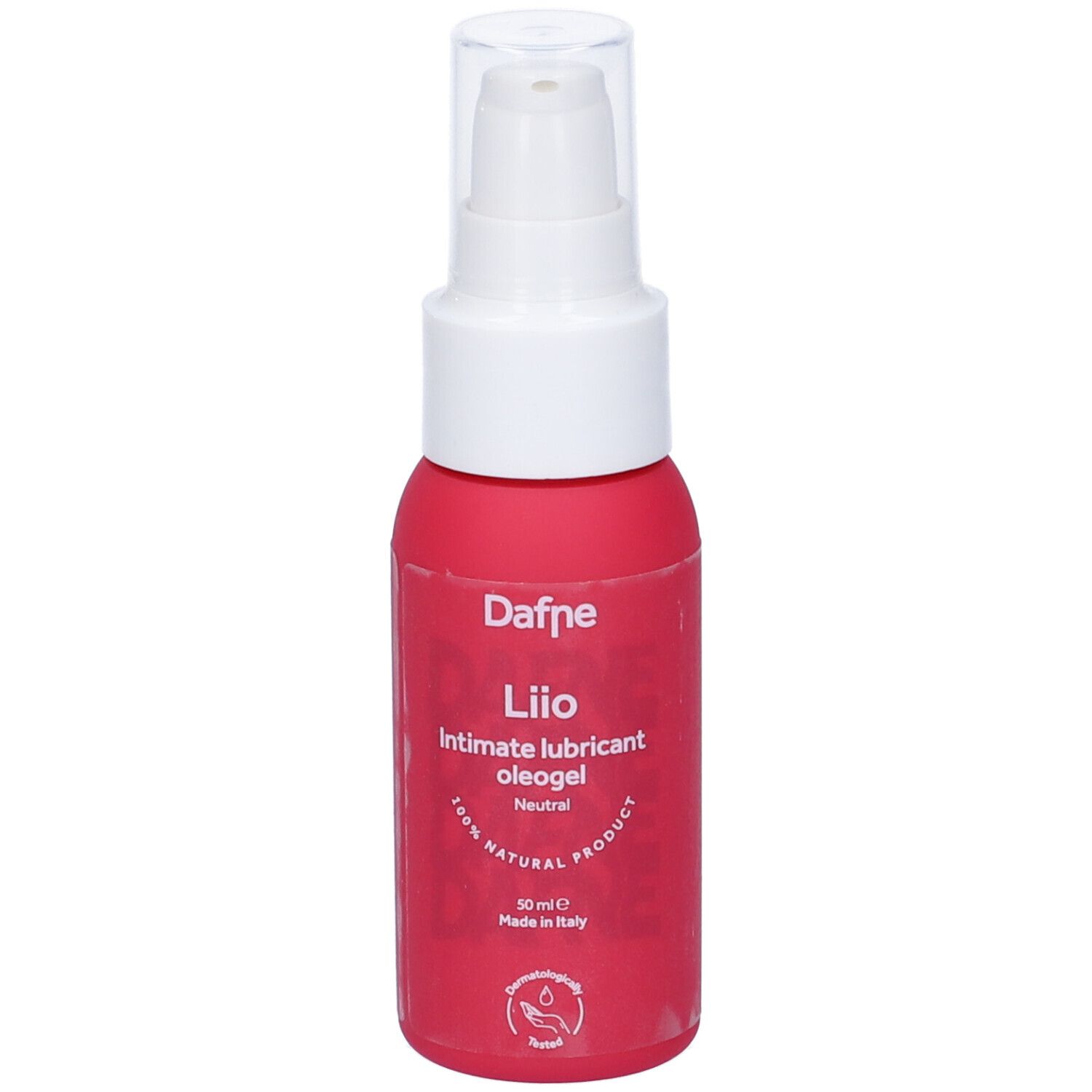 Flacone rosa con dispenser bianco. Scritta: Dafne Lio, Intimate lubricant oleogel, 100% Natural Product, 50 ml.