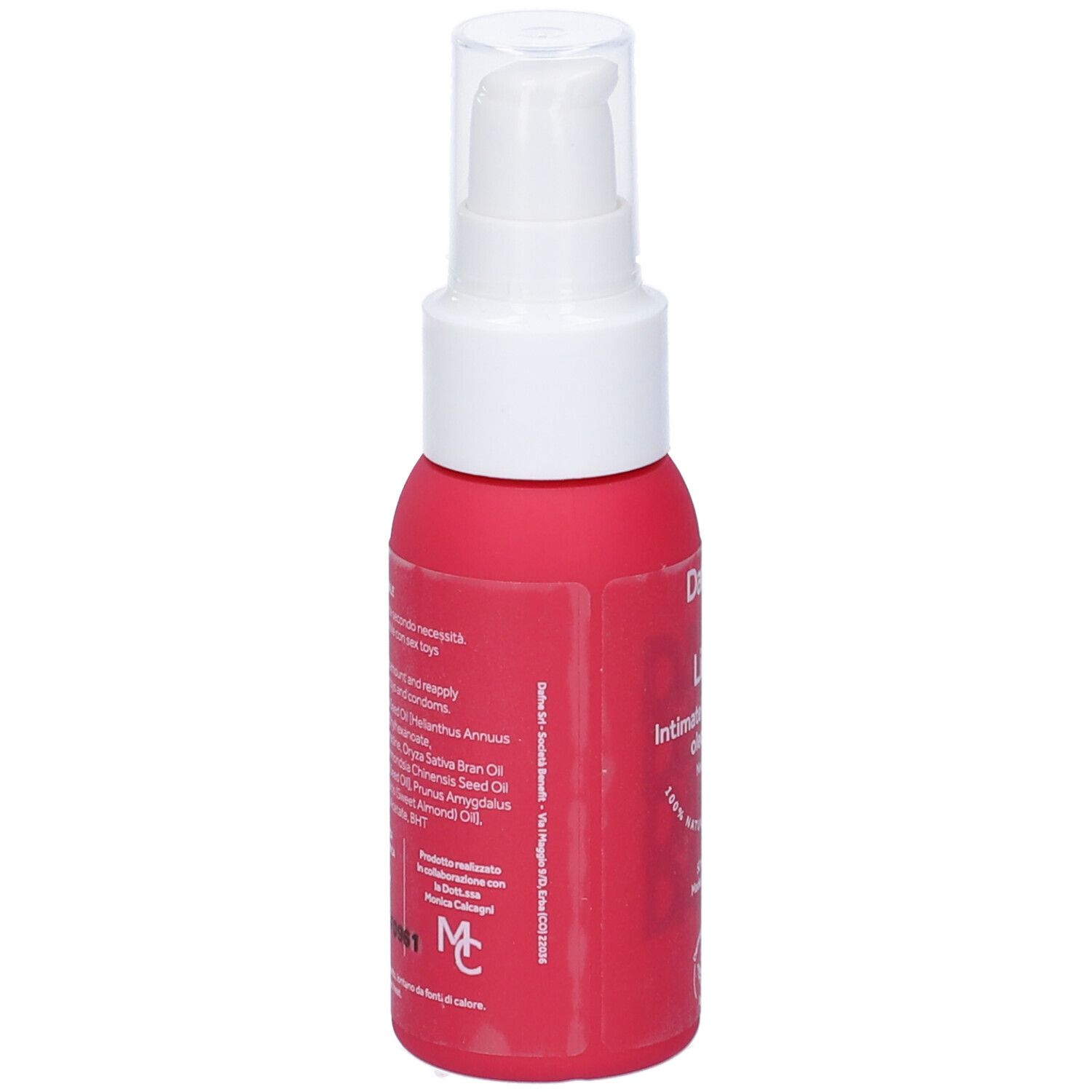 Retro del flacone rosa con dispenser bianco. Testo: Ingredienti, informazioni produttore, numero di lotto.