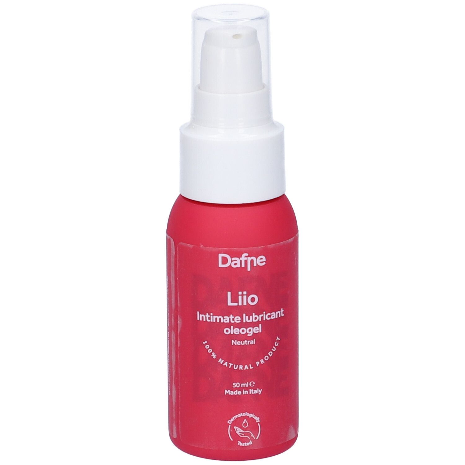 Flacone rosa con dispenser bianco. Scritta: Dafne Lio, Intimate lubricant oleogel, 100% Natural Product, 50 ml.