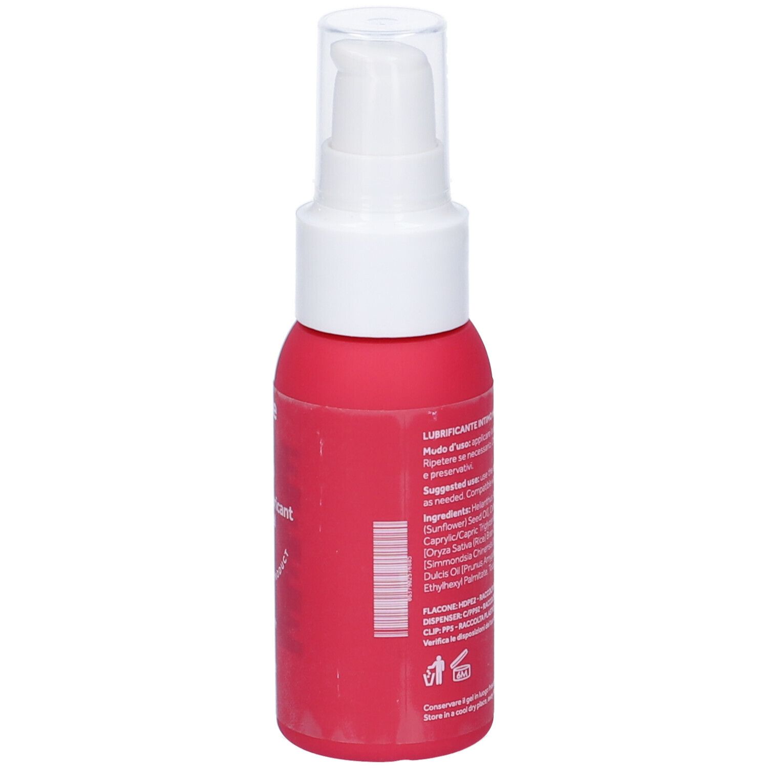 Retro del flacone rosa con dispenser bianco. Testo: Istruzioni per l'uso, ingredienti, numero di lotto.