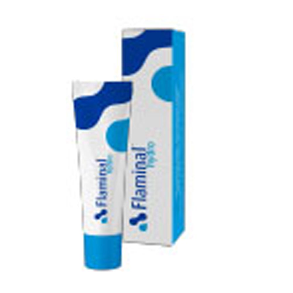 Tubo e scatola Flaminal hydro. Design blu e bianco. Scritta Flaminal hydro.