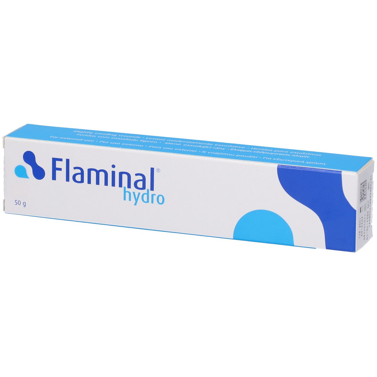 Scatola Flaminal hydro. Design blu e bianco. Scritta Flaminal hydro e 50 g.