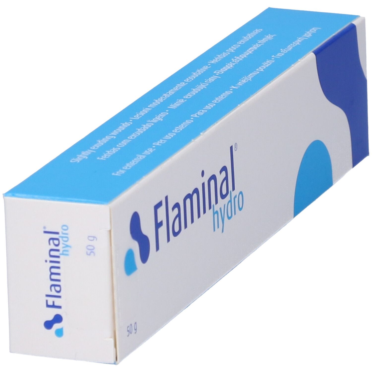 Scatola Flaminal hydro. Design blu e bianco. Scritta Flaminal hydro e 50 g.
