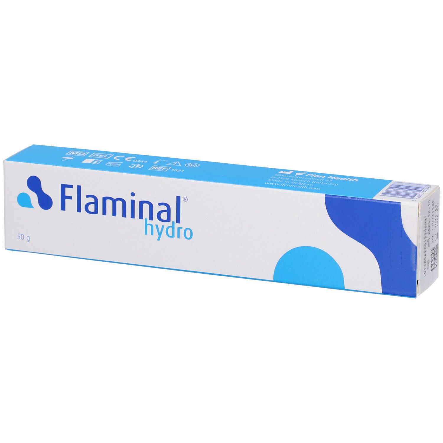 Scatola Flaminal hydro. Design blu e bianco. Scritta Flaminal hydro e 50 g.