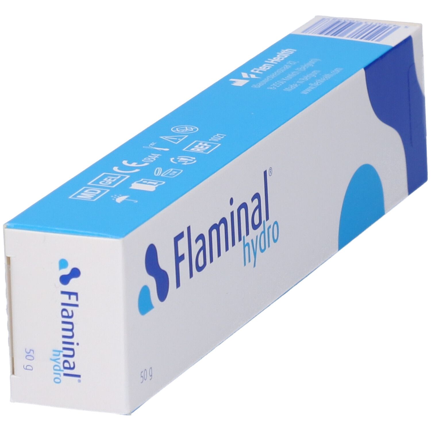 Scatola Flaminal hydro. Design blu e bianco. Scritta Flaminal hydro e 50 g.