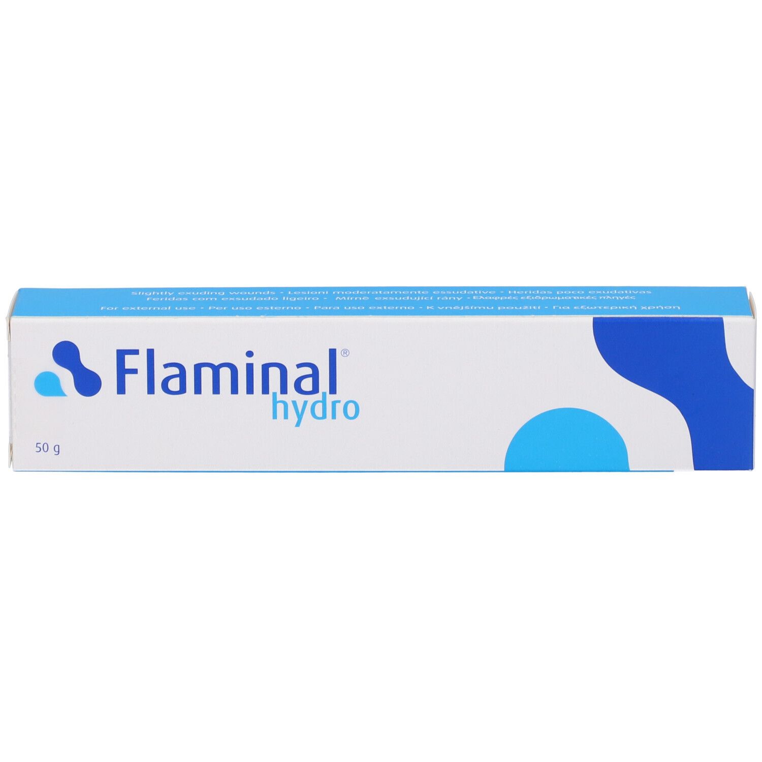 Scatola Flaminal hydro. Design blu e bianco. Scritta Flaminal hydro e 50 g.