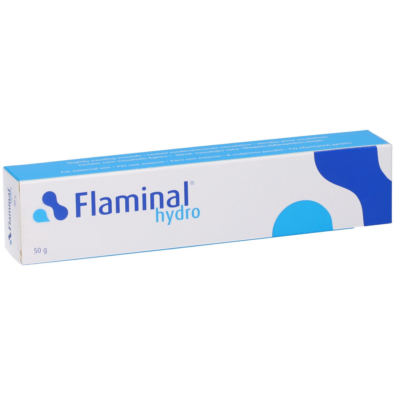 Scatola Flaminal hydro. Design blu e bianco. Scritta Flaminal hydro e 50 g.