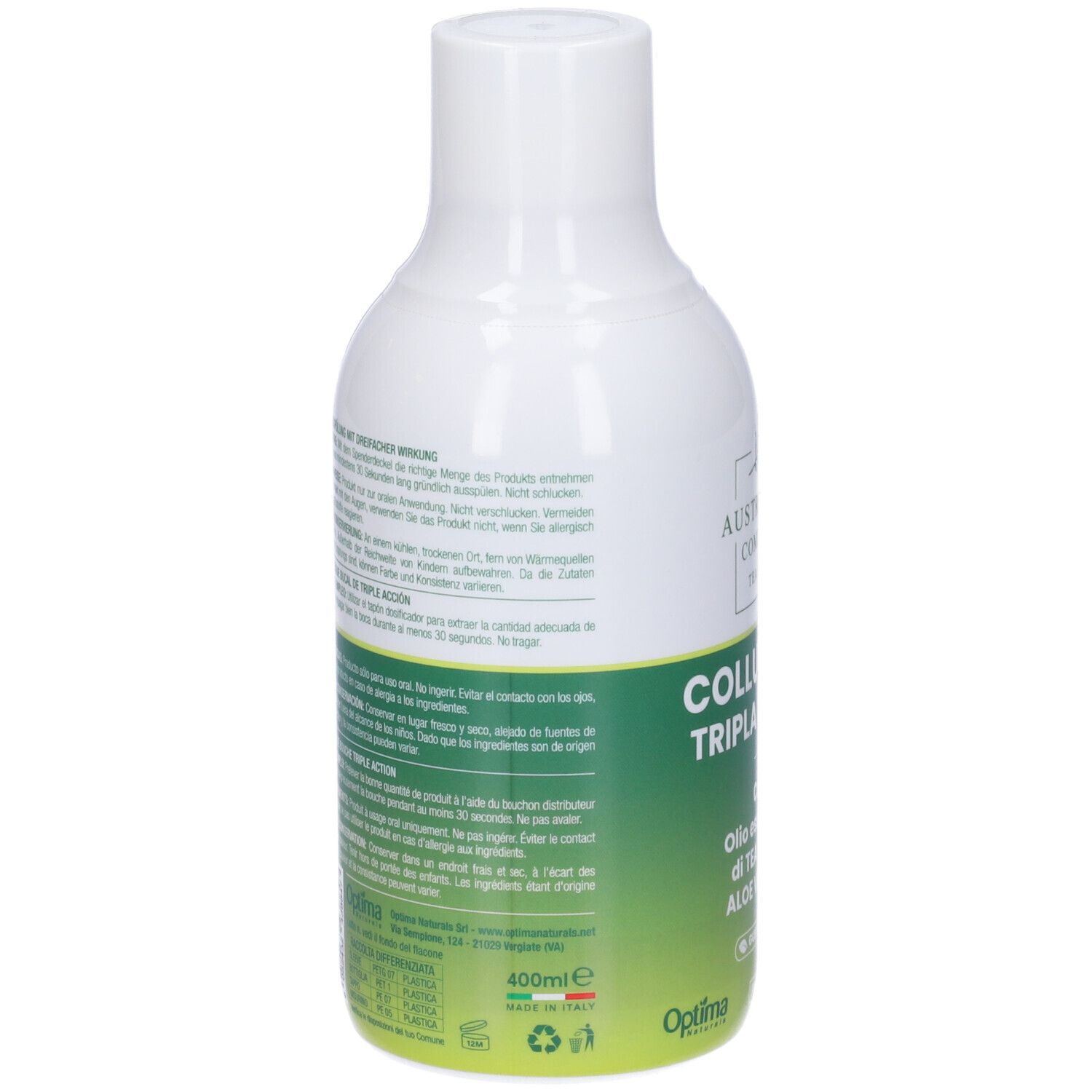 Rückseite der weißen Flasche mit grünem Etikett. Text in mehreren Sprachen. 400ml.