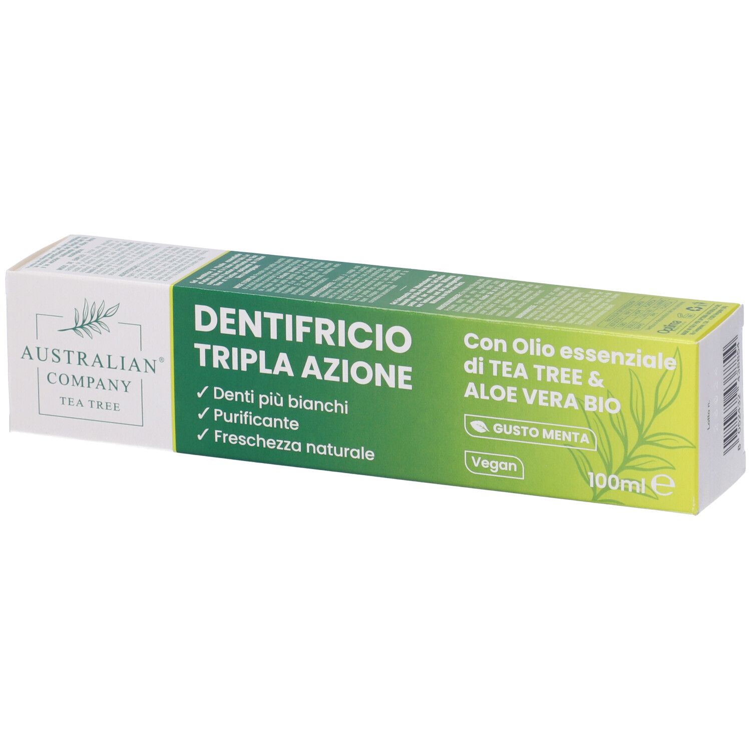 Zahncreme-Schachtel. "Australian Company" und "Dentifricio Tripla Azione" Schriftzug. Enthält Teebaumöl und Aloe Vera. Bio-Zertifizierung.