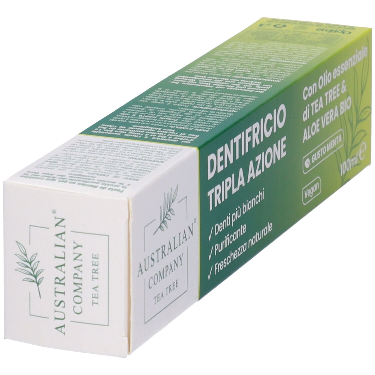 Zahncreme-Schachtel. "Australian Company" und "Dentifricio Tripla Azione" Schriftzug. Enthält Teebaumöl und Aloe Vera. Bio-Zertifizierung.