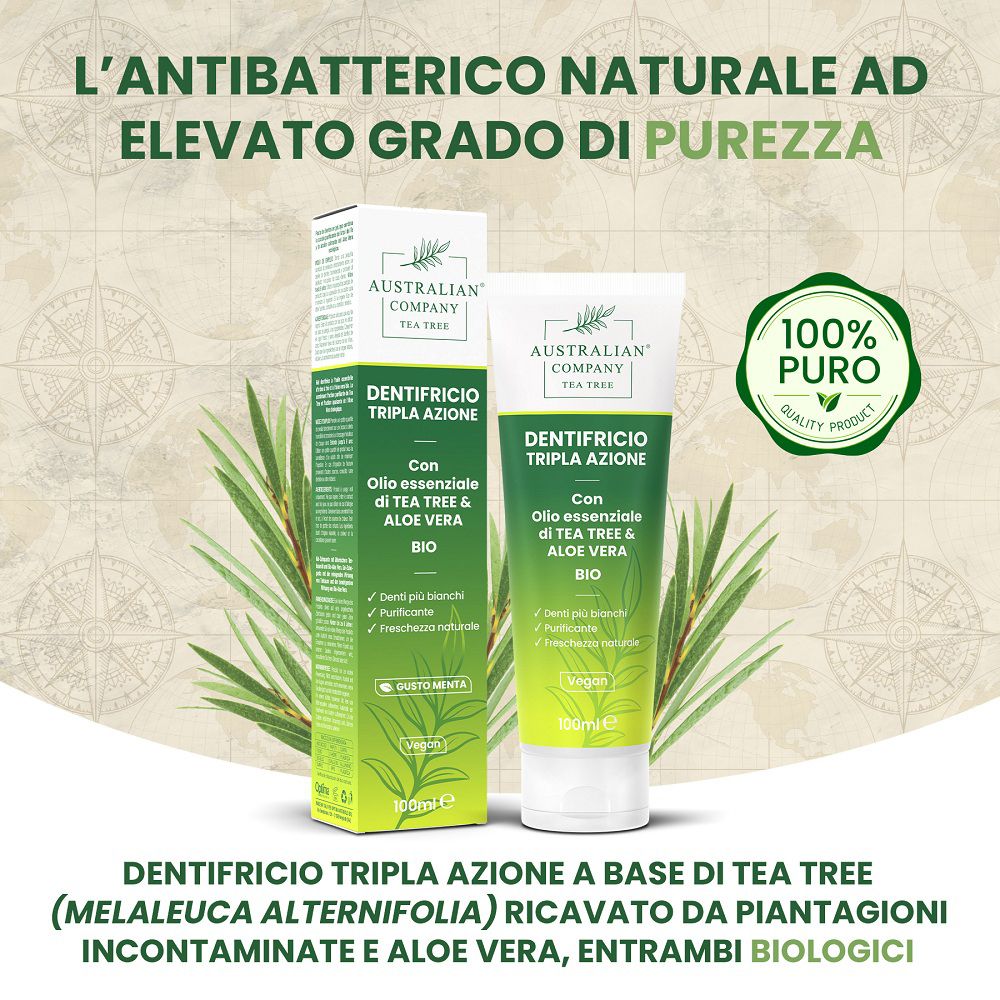 Zahnpasta-Tube und Kartonverpackung mit Teebaumöl und Aloe Vera.