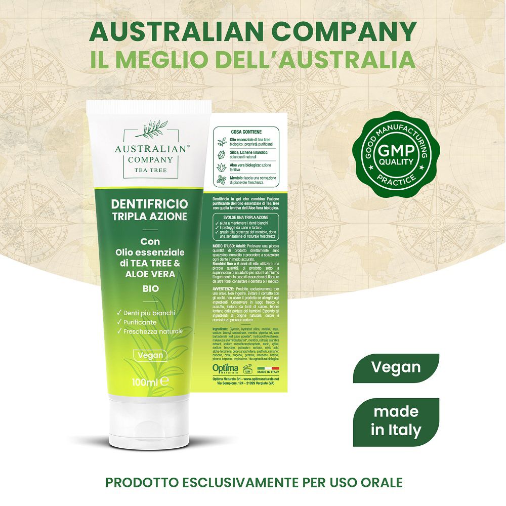 Tube Zahnpasta Australian Company Tea Tree Triple Action mit Aloe Vera. "Vegan" und "Made in Italy" Siegel.