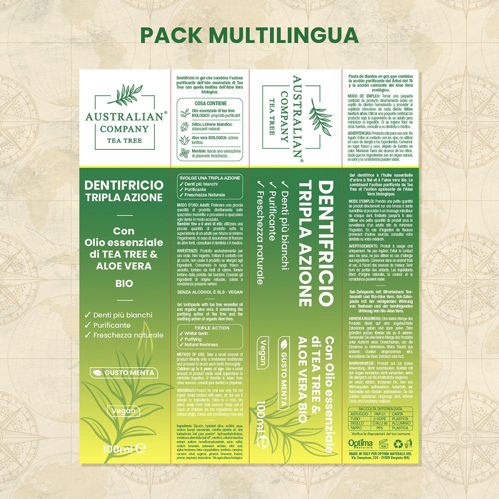Mehrsprachige Kartonverpackung für Zahnpasta mit Teebaumöl und Aloe Vera.
