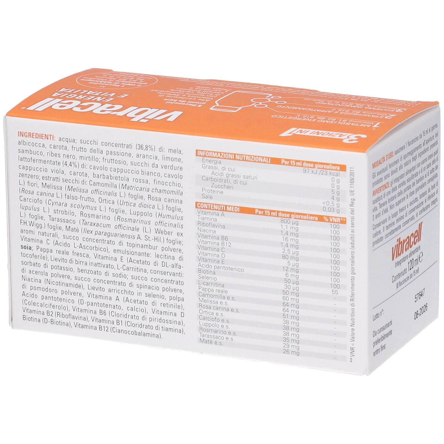 Vibracell-Verpackung mit Nährwertangaben. Enthält 120 ml. Zutatenliste und Nährwerttabelle.