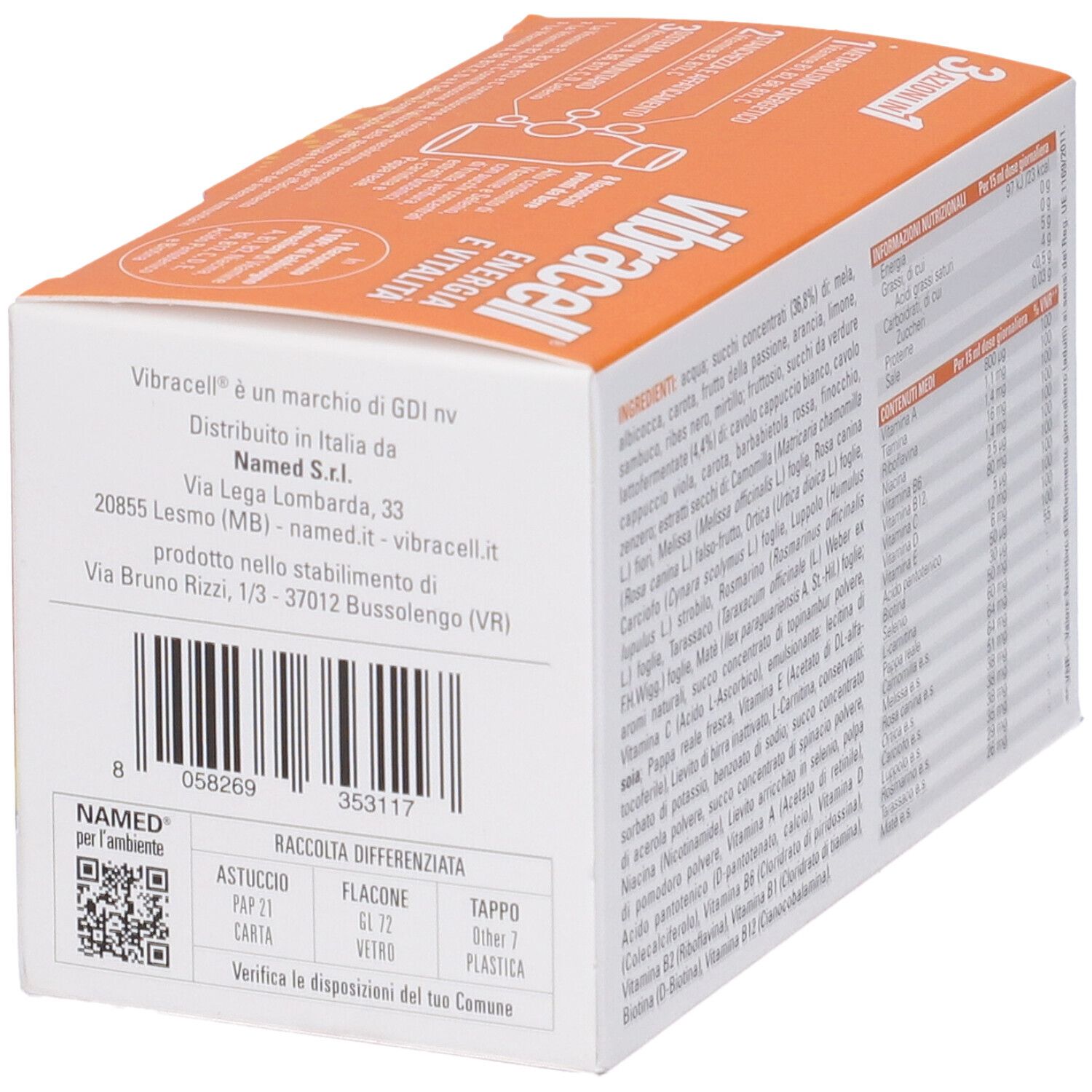 Vibracell-Verpackung, Rückseite mit Inhaltsstoffen und Herstellerinformationen. NAMED.