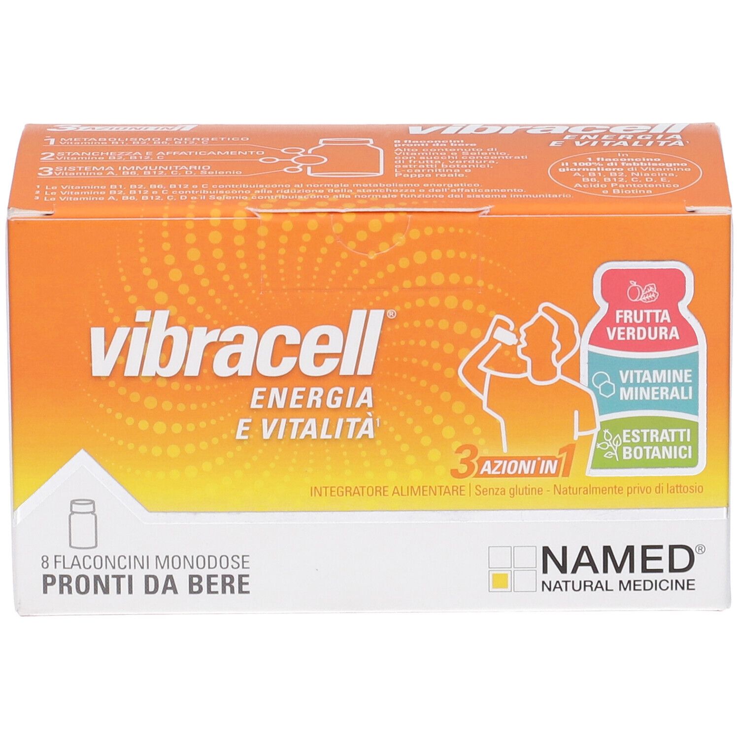 Vibracell-Verpackung, Energie und Vitalität. Enthält 8 Fläschchen. NAMED Natural Medicine.