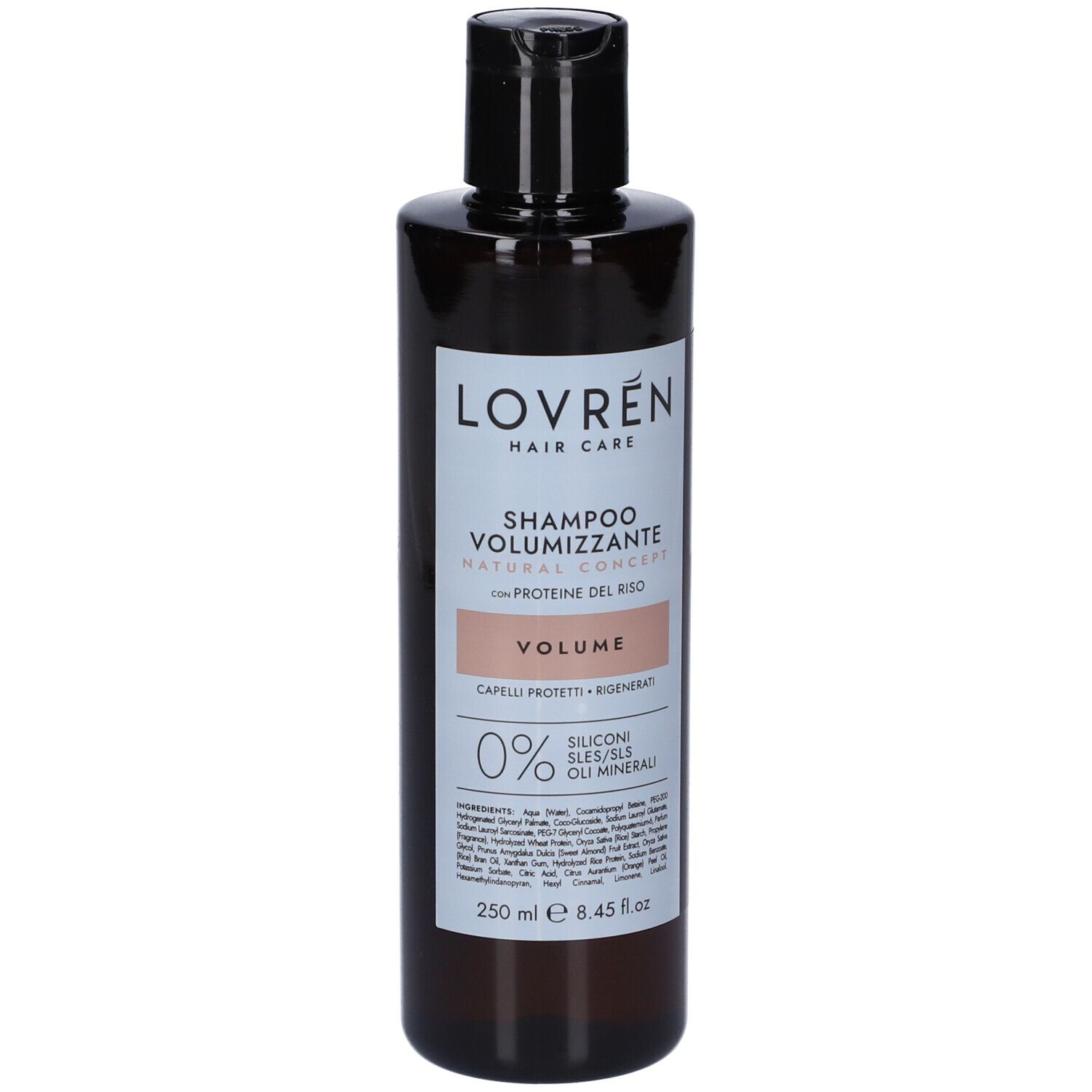 Braune Shampoo-Flasche mit schwarzem Deckel. Etikett mit Produktnamen und Volumenangabe. 0% Silikone, SLES/SLS, Öle Minerali.