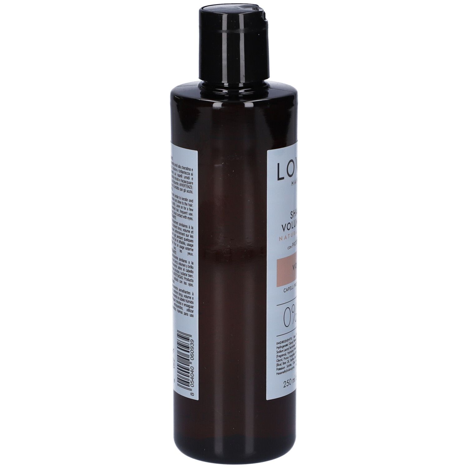Braune Shampoo-Flasche mit schwarzem Deckel. Etikett mit Produktinformationen und Barcode. Rückansicht.