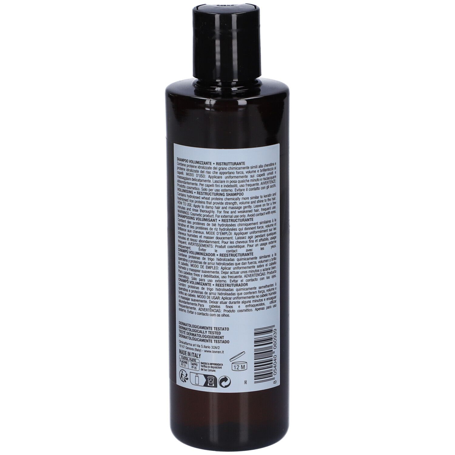 Rückansicht einer braunen Shampoo-Flasche mit schwarzem Deckel. Etikett mit Produktinformationen und Barcode.