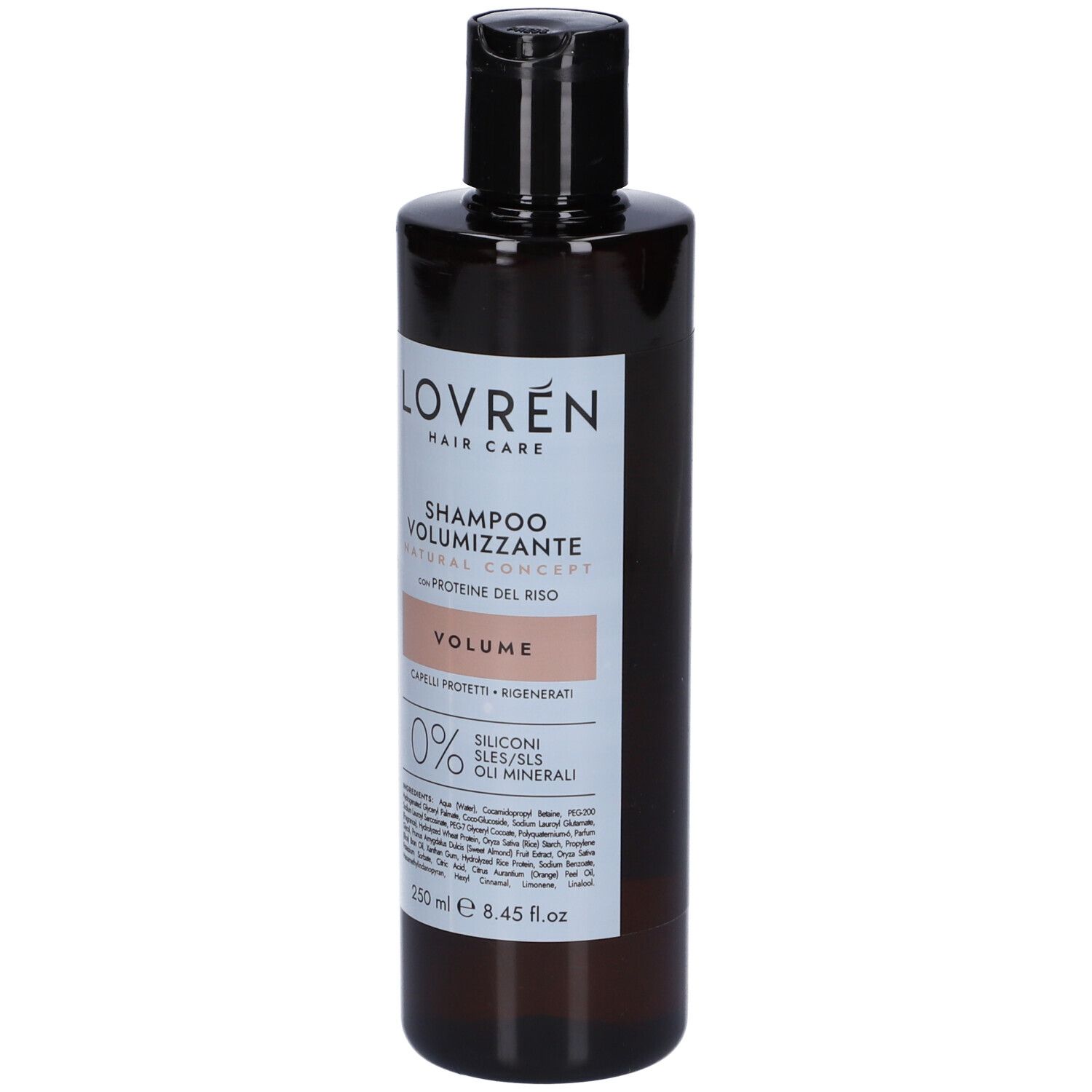 Braune Shampoo-Flasche mit schwarzem Deckel. Etikett mit Produktnamen und Volumenangabe. 0% Silikone, SLES/SLS, Öle Minerali.