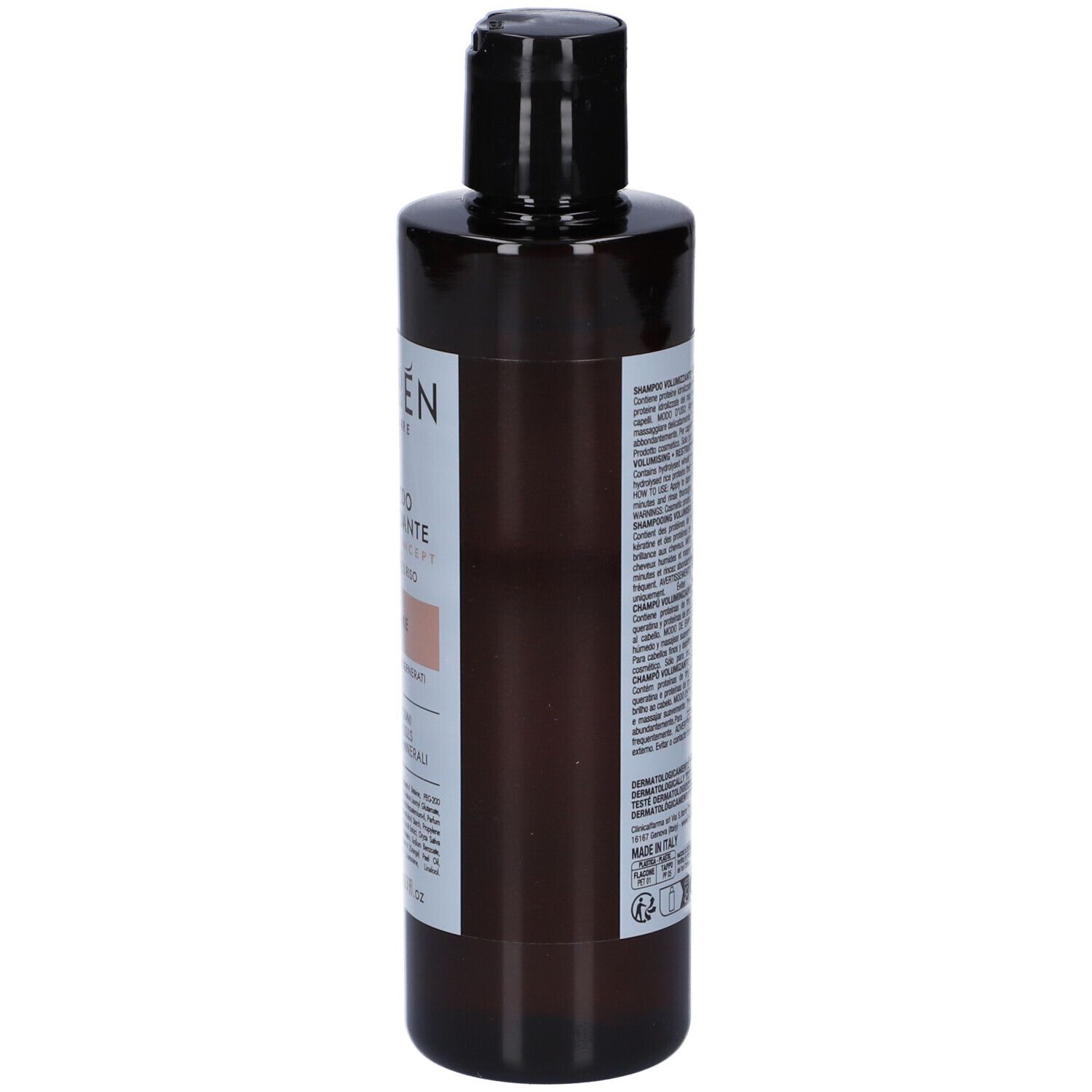 Braune Shampoo-Flasche mit schwarzem Deckel. Etikett mit Produktinformationen. Seitenansicht.