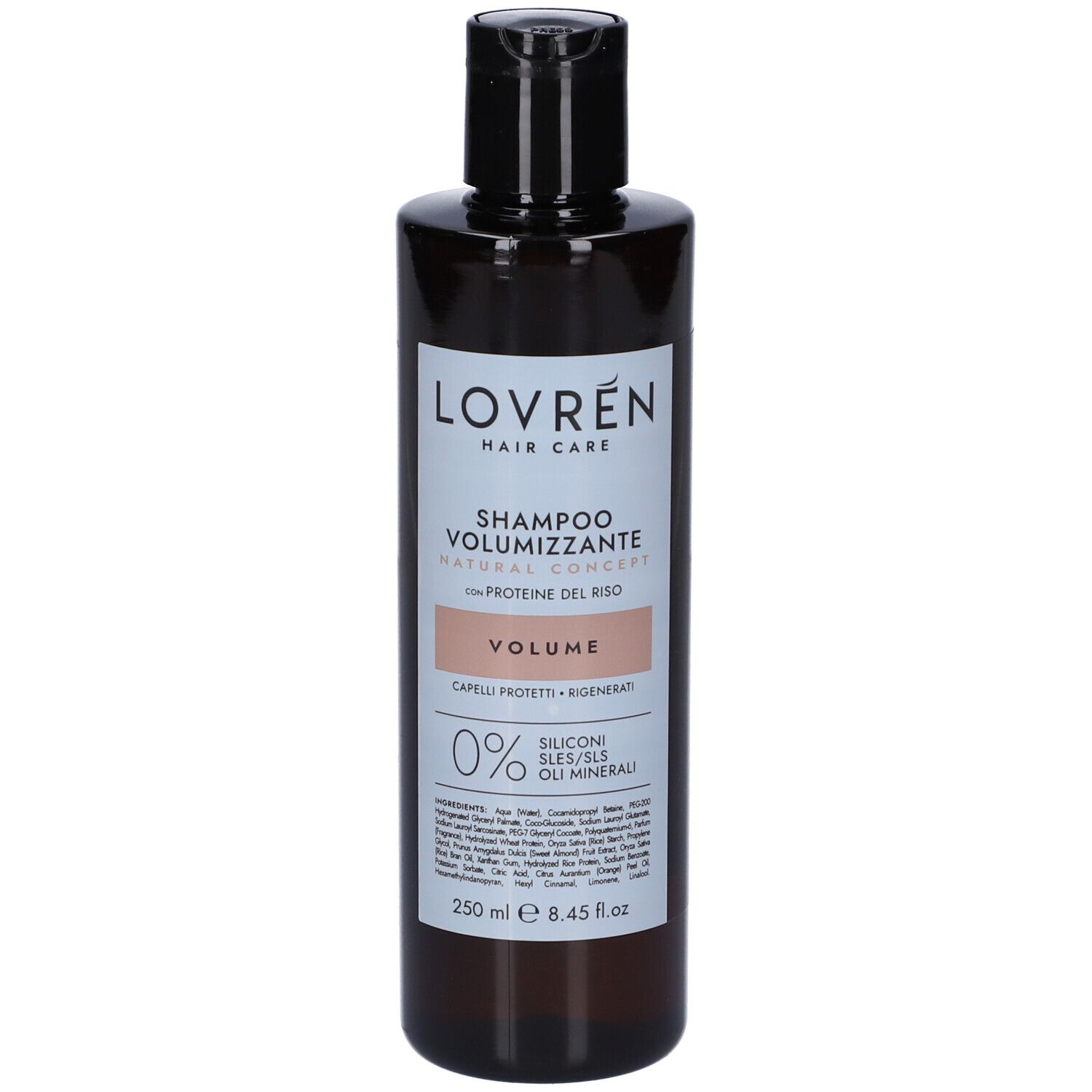 Braune Shampoo-Flasche mit schwarzem Deckel. Etikett mit Produktnamen und Volumenangabe. 0% Silikone, SLES/SLS, Öle Minerali.
