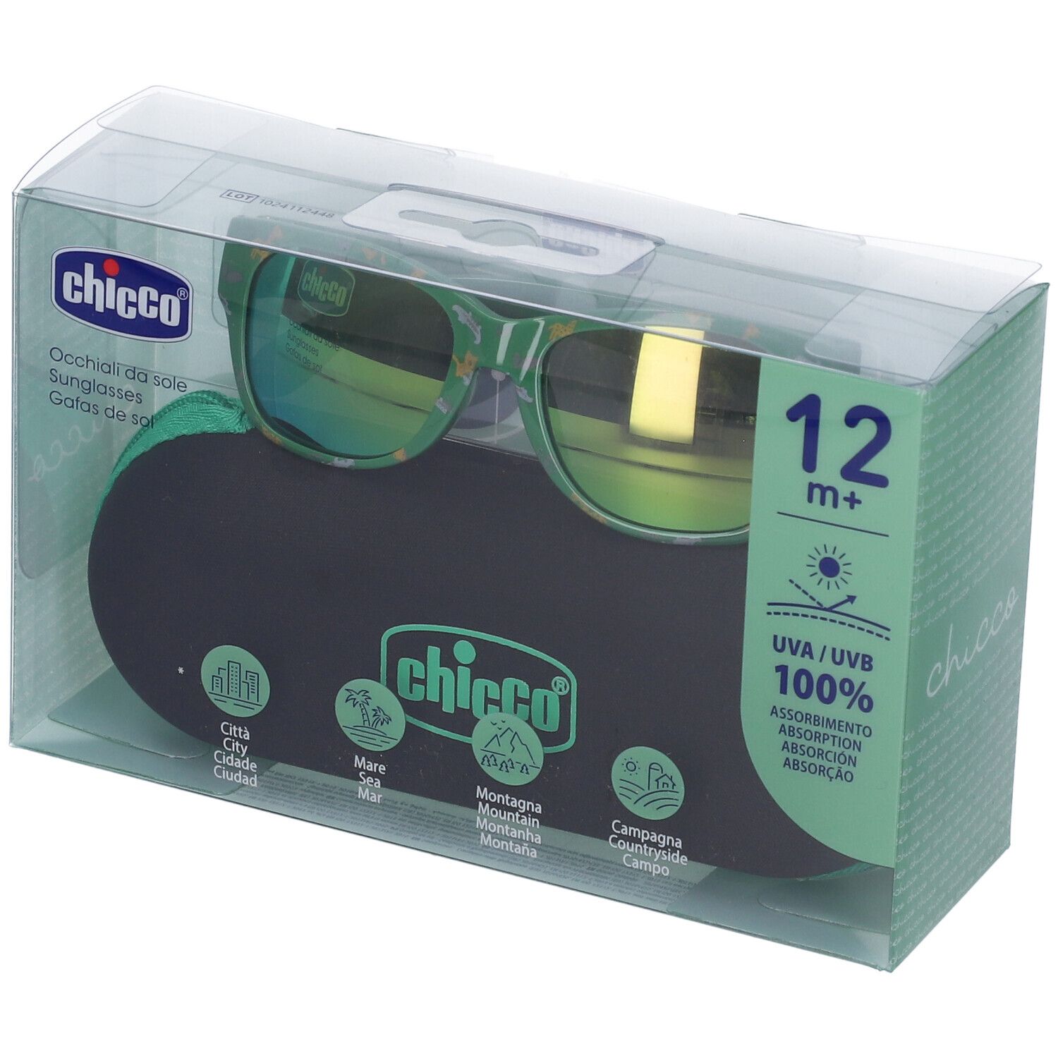 Occhiali da sole con montatura verde e lenti a specchio in confezione trasparente. Marchio "Chicco" visibile.