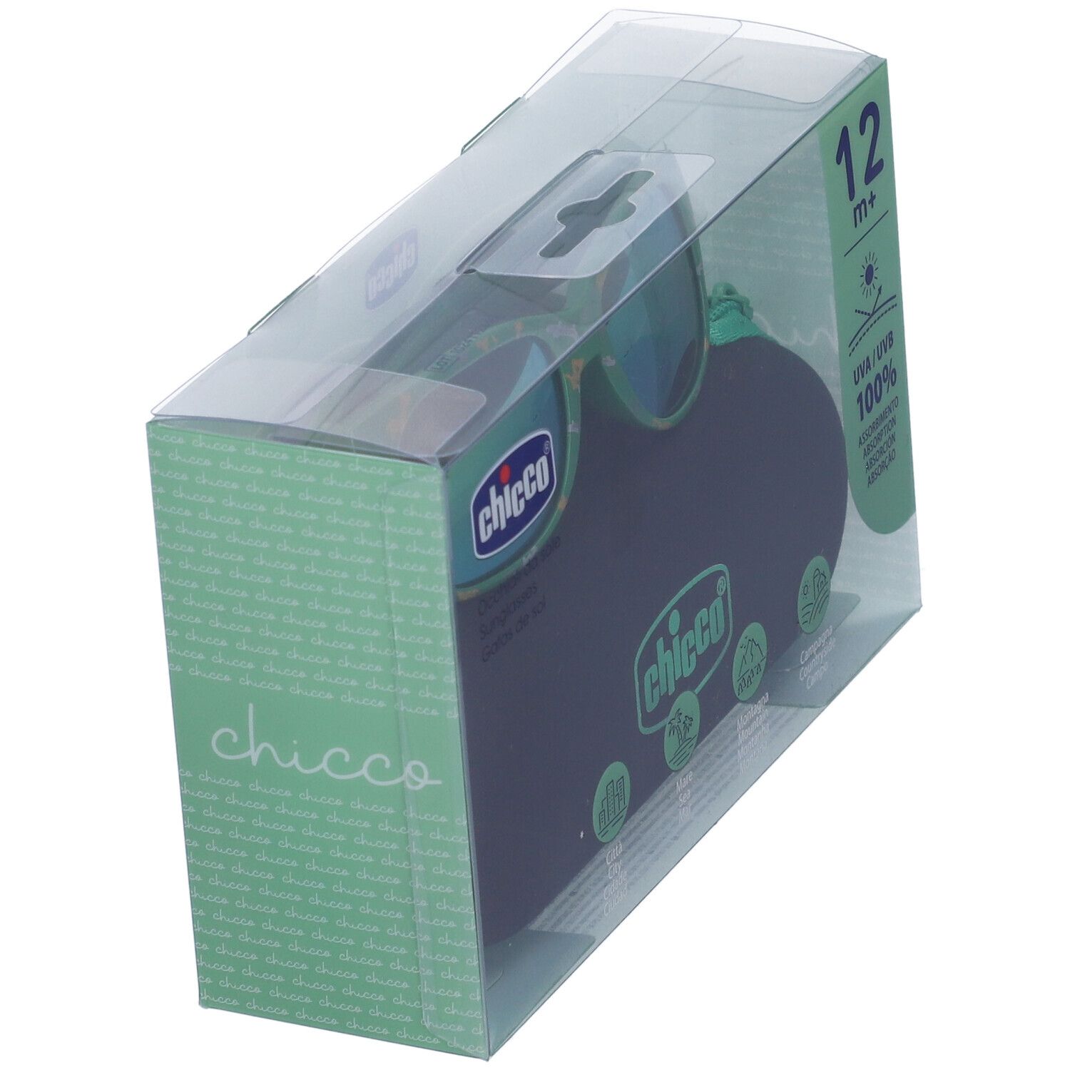 Confezione con occhiali da sole e custodia. Marchio "Chicco" visibile sulla confezione.