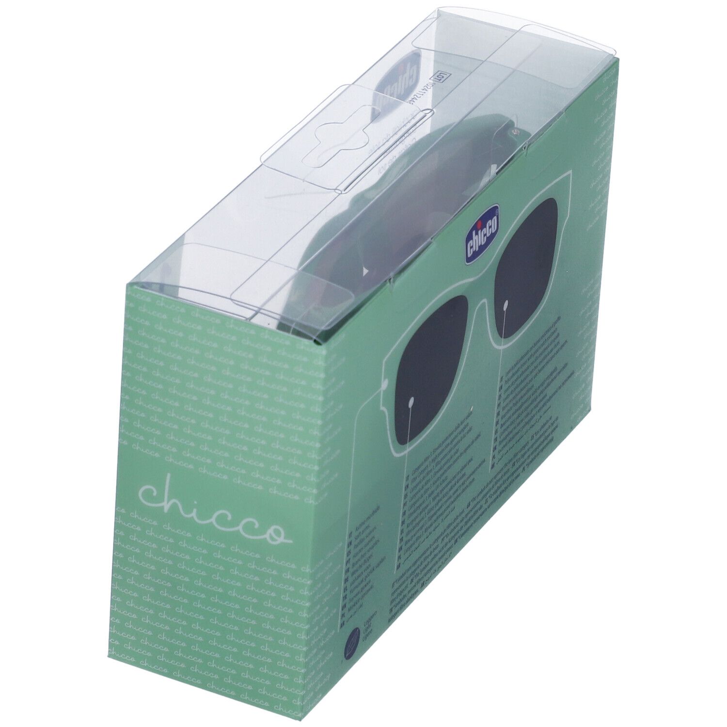 Confezione con illustrazione di occhiali da sole. Marchio "Chicco" visibile.